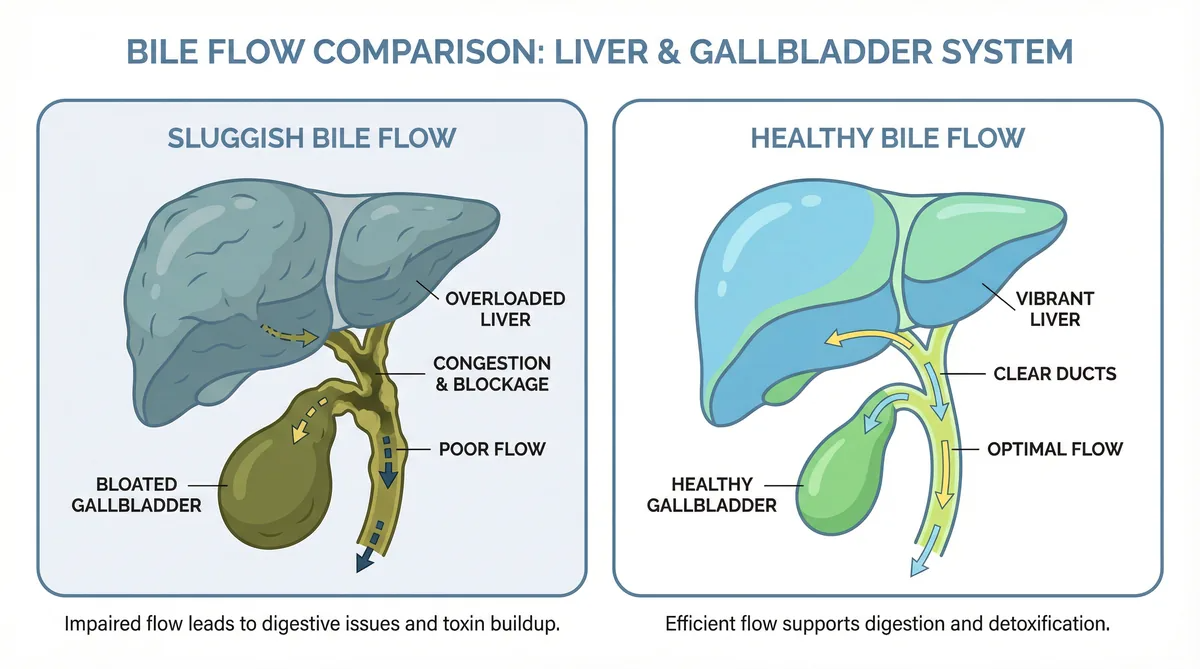 A diagram comparing sluggish bile flow with healthy bile flow in the liver and gallbladder system.