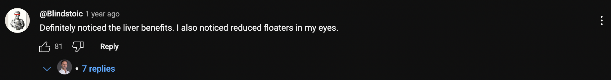 A YouTube comment praising a supplement, showing a profile picture and likes count.