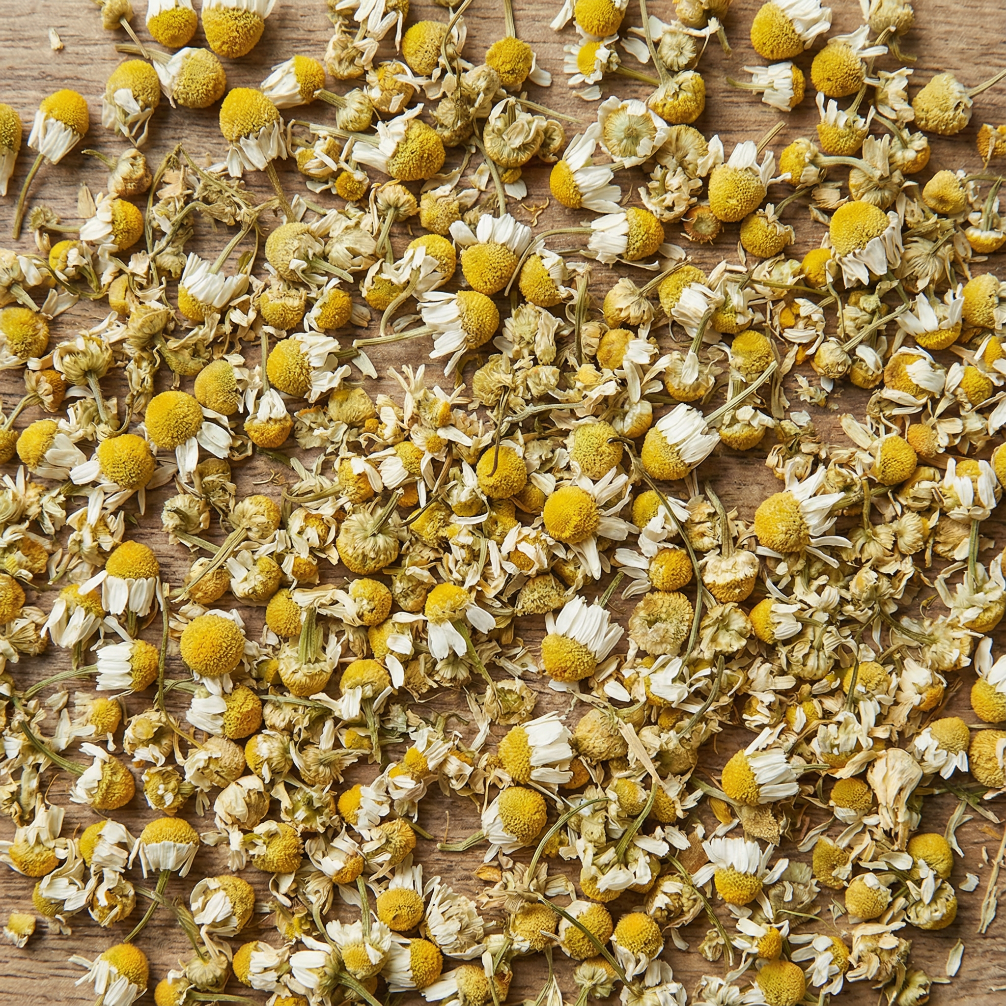 Dried chamomile flowers scattered on a wooden surface.