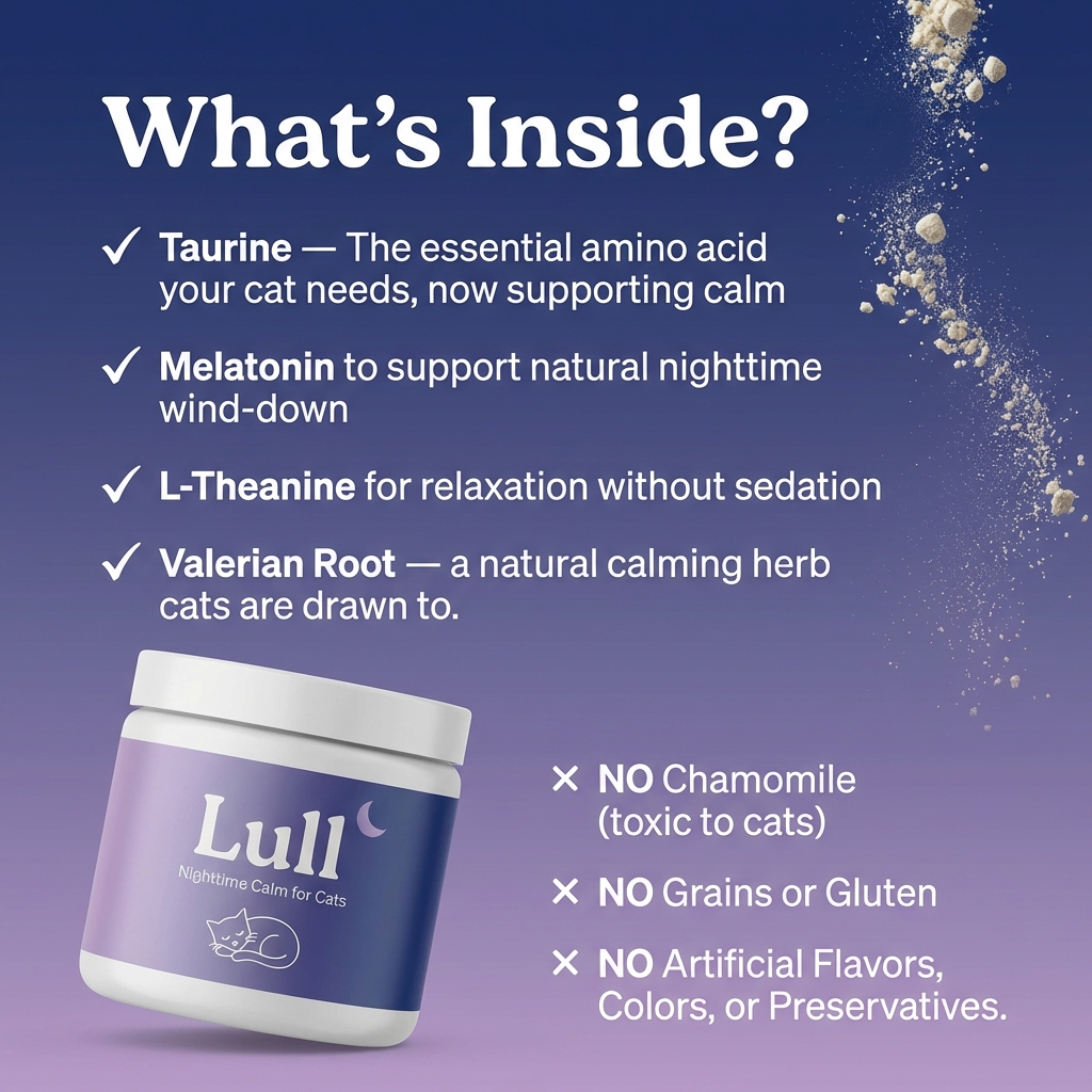 An ad for Lull cat calming supplement, listing what is and isn't inside the product.