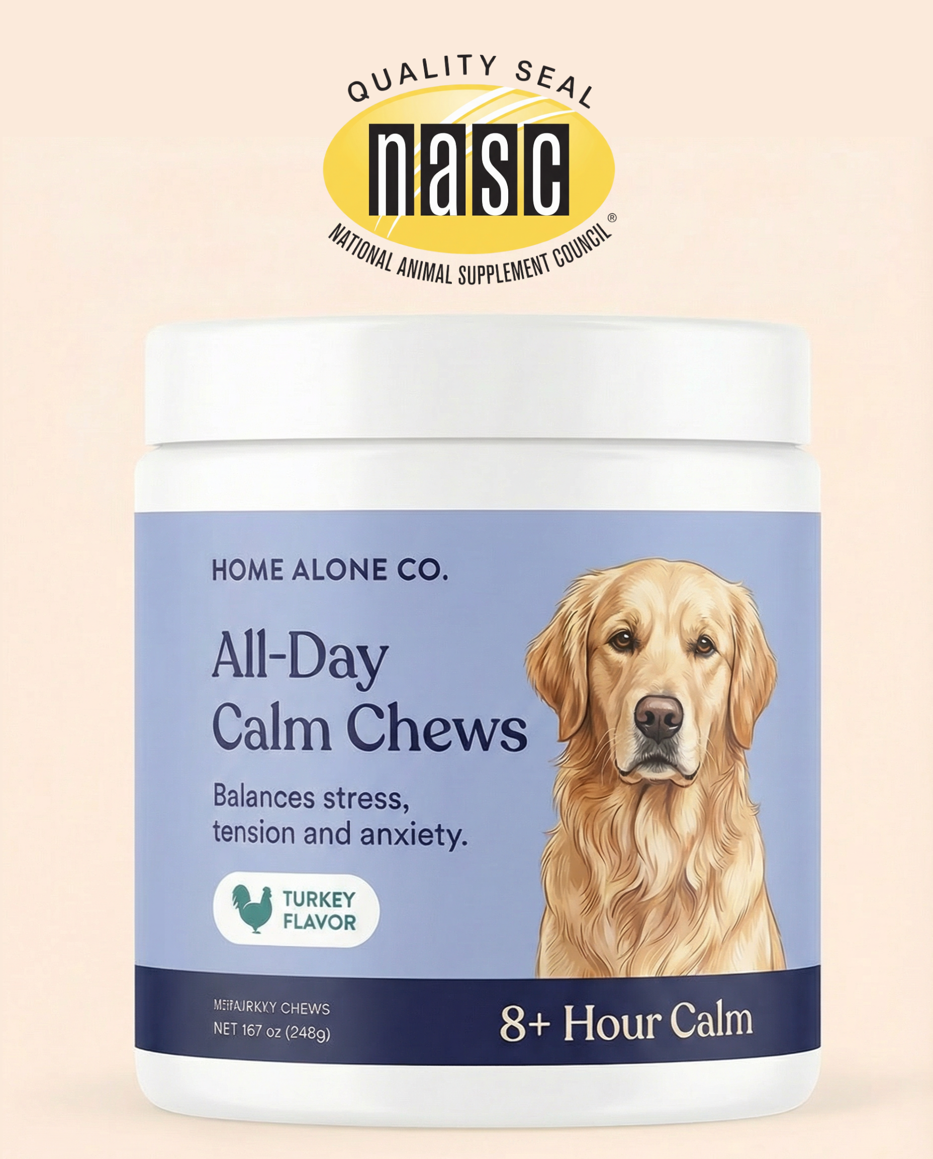 Container of dog calming chews with a golden retriever illustration.