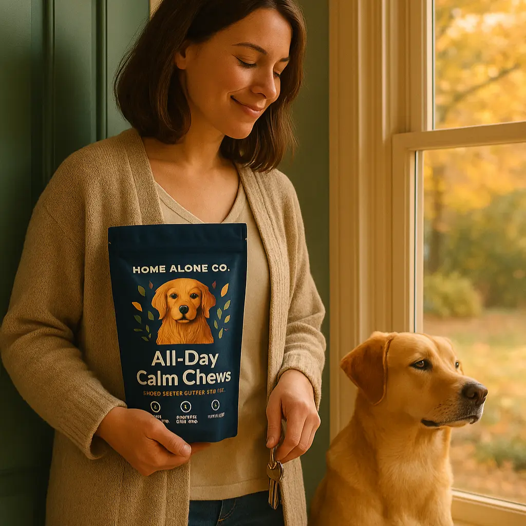 Woman holding dog chews package next to a dog by a window.