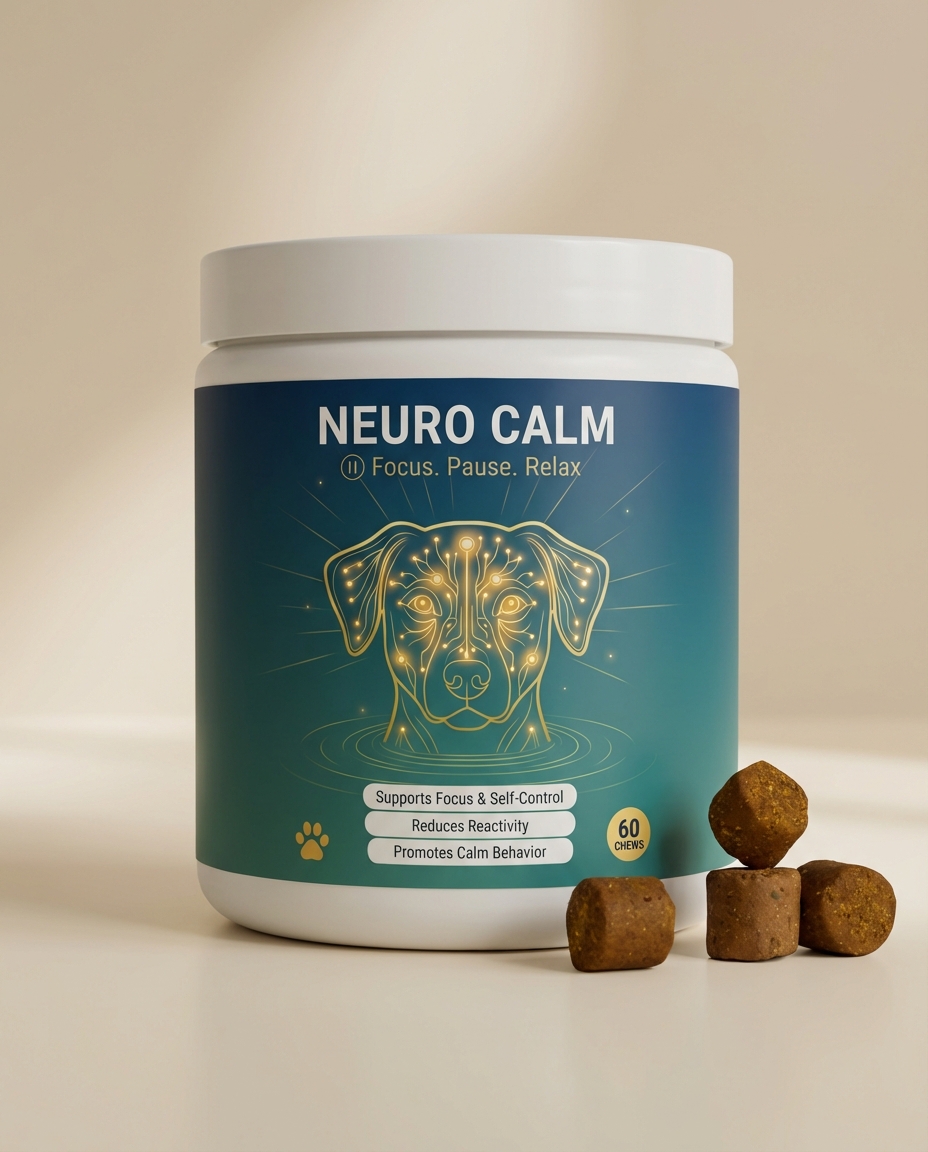 A white tub of Neuro Calm dog calming supplements, with four brown chewable treats next to it.