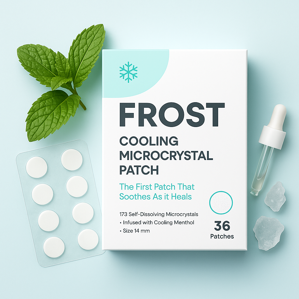 Box of cooling microcrystal patches with mint leaves and a dropper.