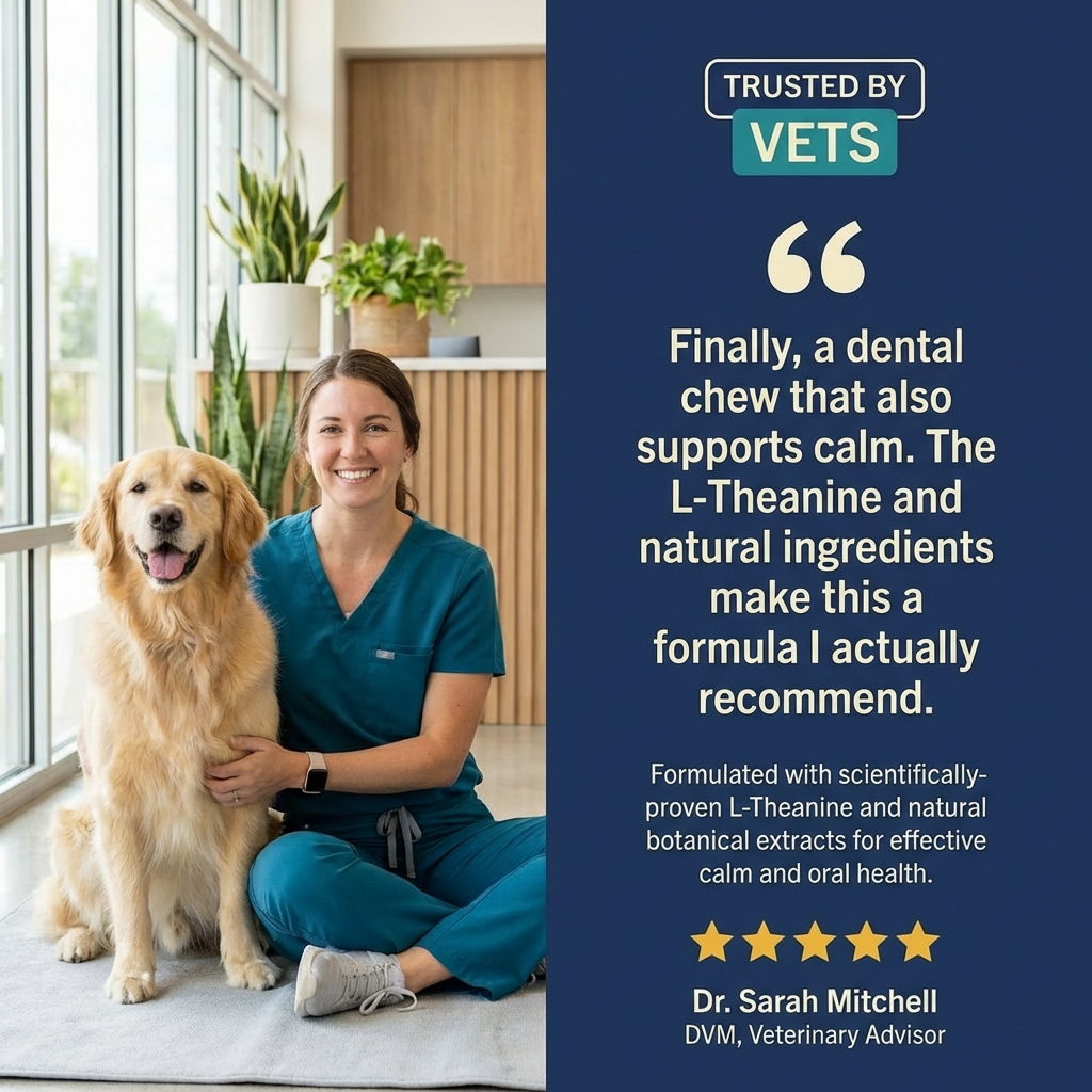 A veterinarian sits on the floor with a golden retriever next to a product testimonial.