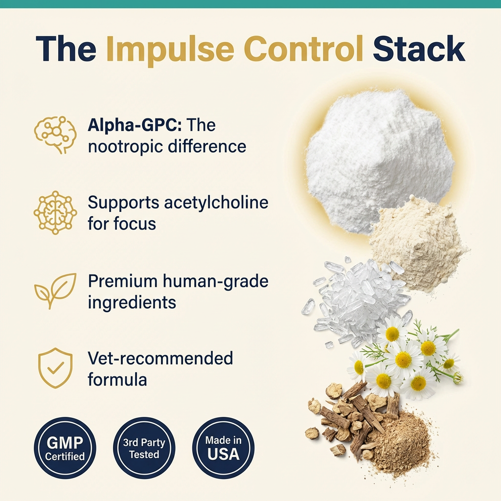 An infographic for The Impulse Control Stack supplement, listing benefits and showing raw ingredients like powders and herbs.