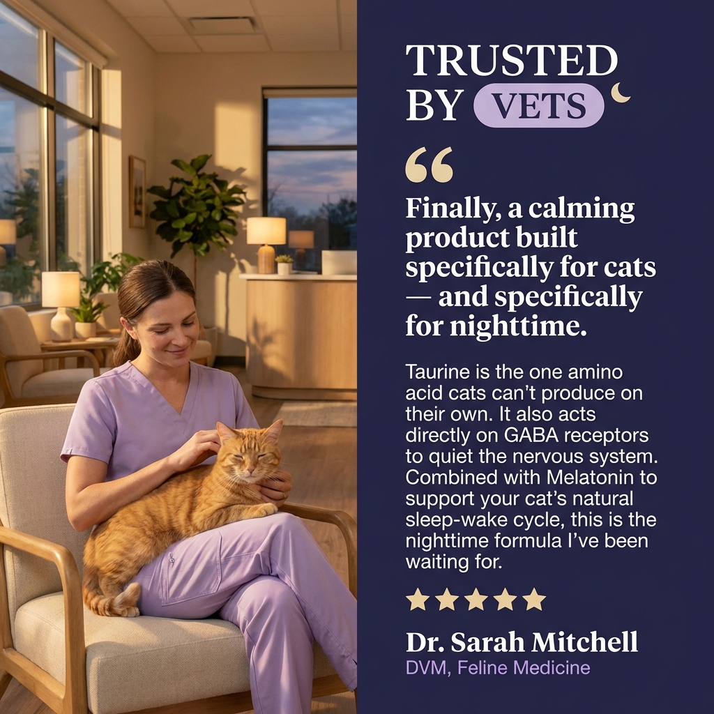 A veterinarian in purple scrubs sits in a chair, petting a relaxed orange cat on her lap.