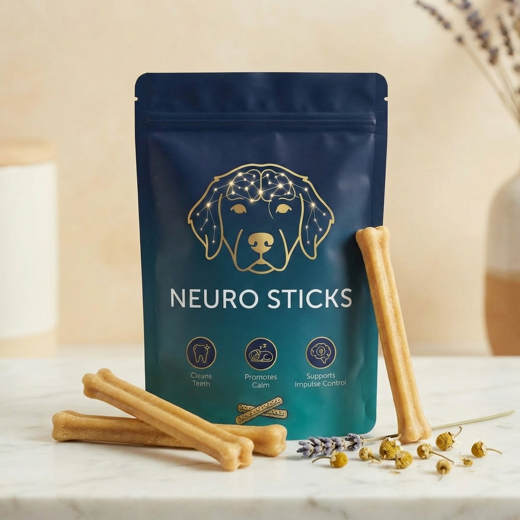 A blue and green pouch of Neuro Calm dog supplement chews against a plain background.