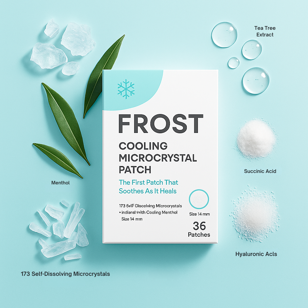 Box of cooling microcrystal patches with ingredients like menthol and tea tree extract displayed.