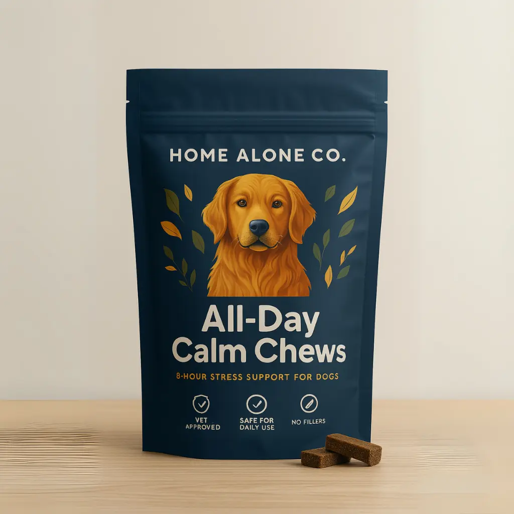 Dog treat packaging with a golden retriever illustration and product details.