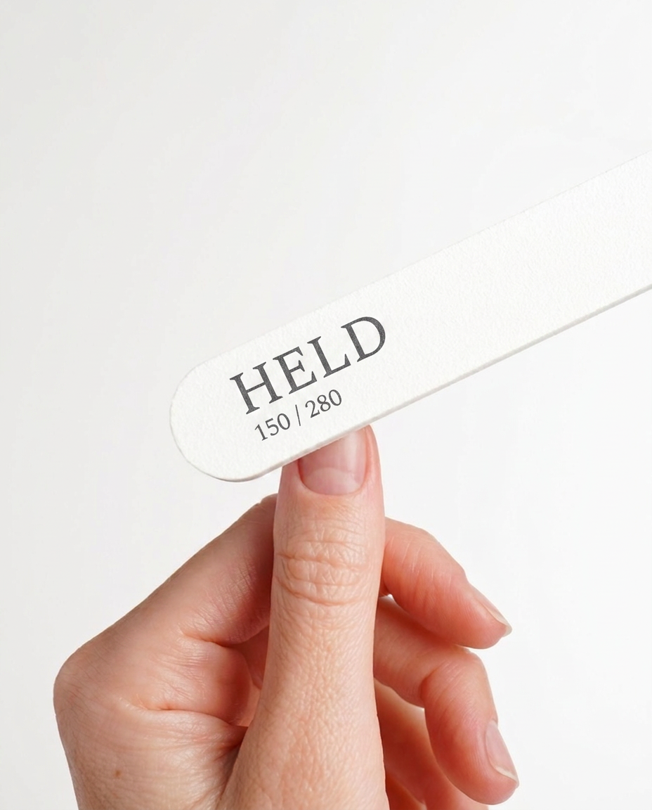 A hand holds a white nail file with the word 'HELD' and numbers '150 / 280' printed on it.