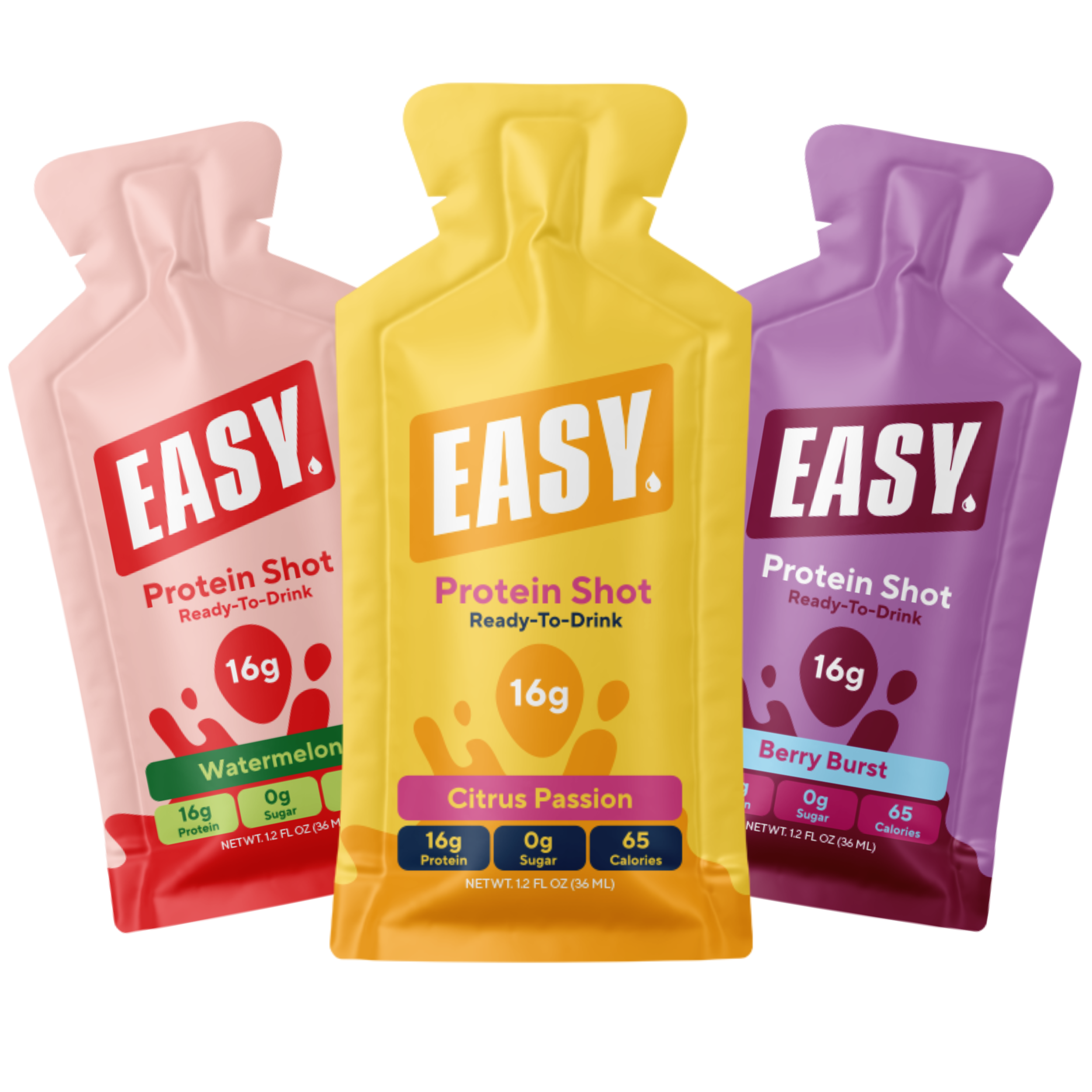 Three colorful protein shot pouches labeled EASY in different flavors.