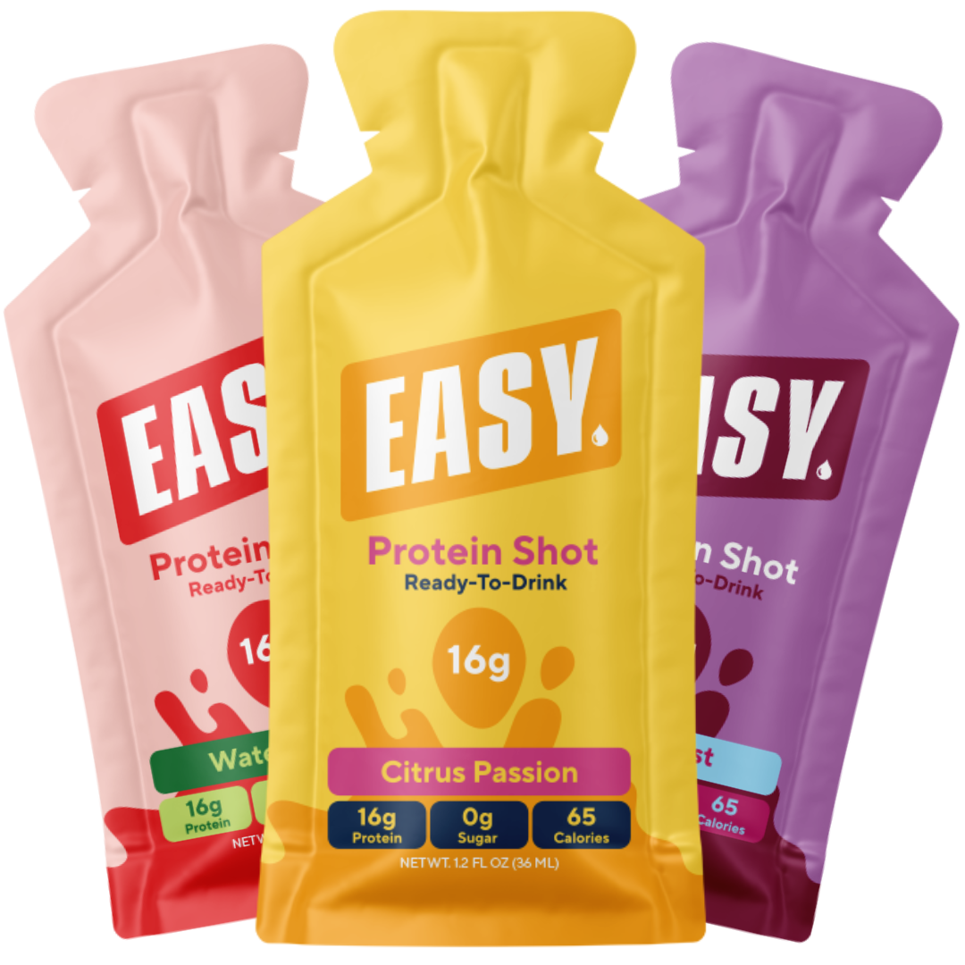 Three colorful protein shot pouches labeled 'EASY' with varying flavors.