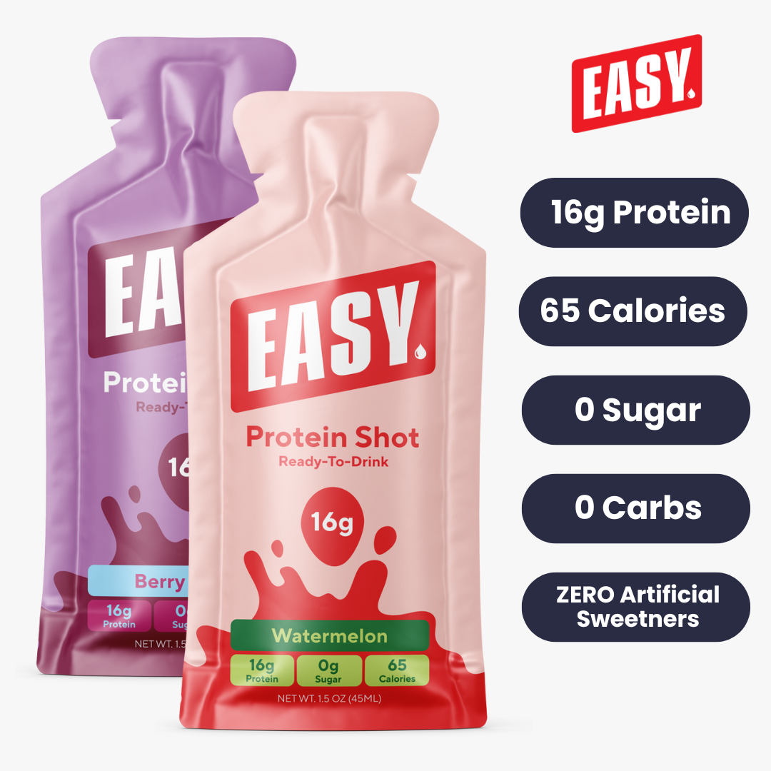 Two protein shot pouches labeled 'EASY' with nutritional information.