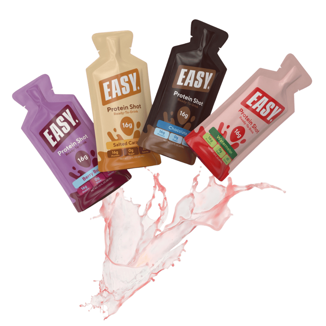 Four protein shot packets with a splash of liquid.