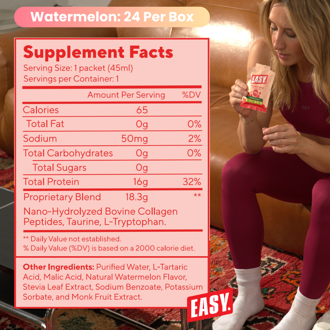 Woman holding a supplement packet, with supplement facts displayed beside her.