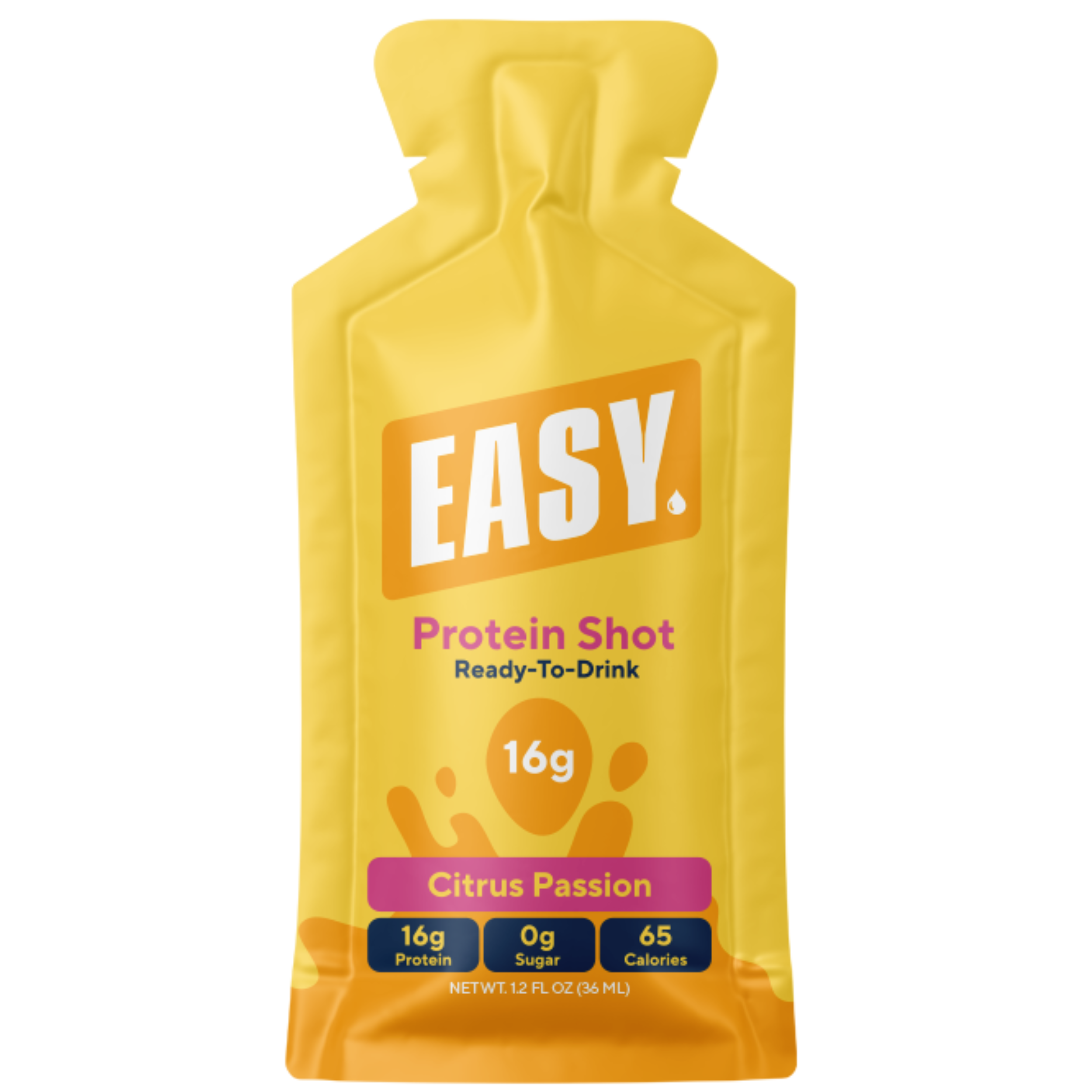 Yellow pouch labeled 'EASY' with protein shot details and 'Citrus Passion' flavor.