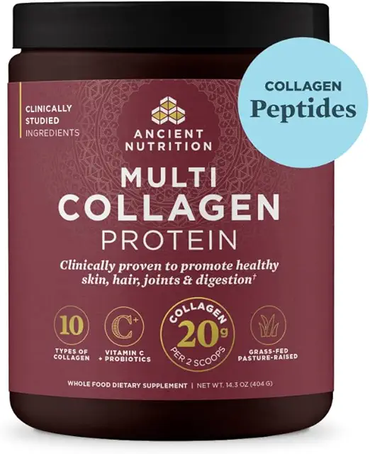 Ancient Nutrition Multi Collagen Protein container with product details and benefits.