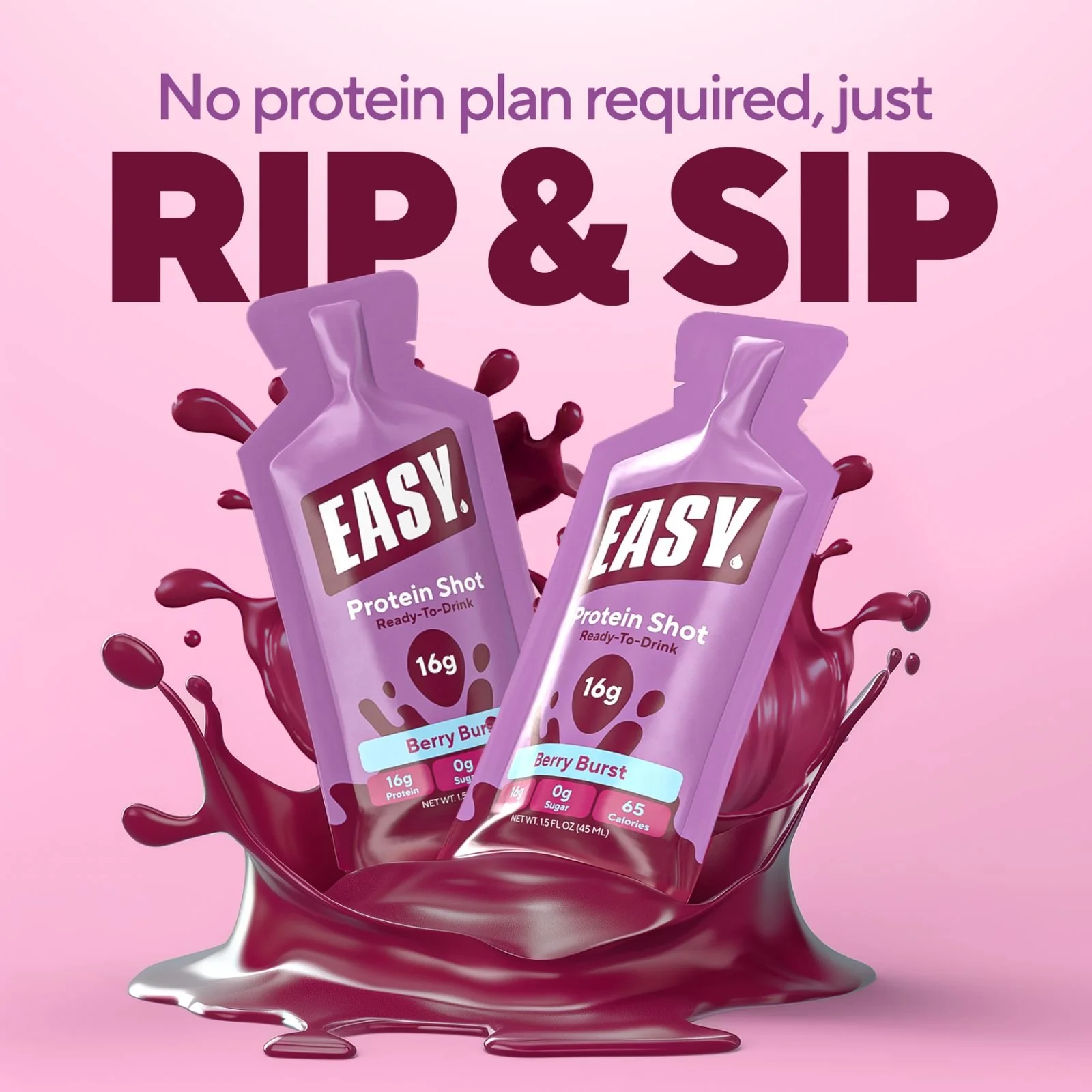 Two purple protein shot pouches with berry splash on pink background.