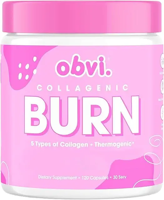 Pink container labeled 'obvi Collagenic BURN' with collagen and thermogenic details.