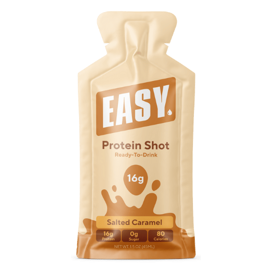 Easy Protein Shot pouch, salted caramel flavor, 16g protein, 0g sugar, 80 calories.