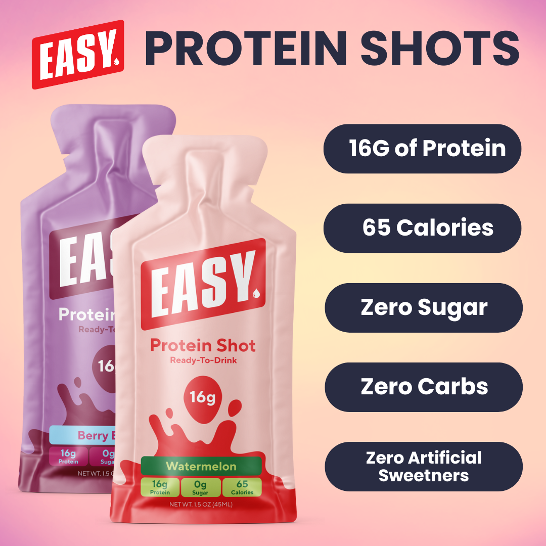 Two protein shot pouches with nutritional information on a gradient background.
