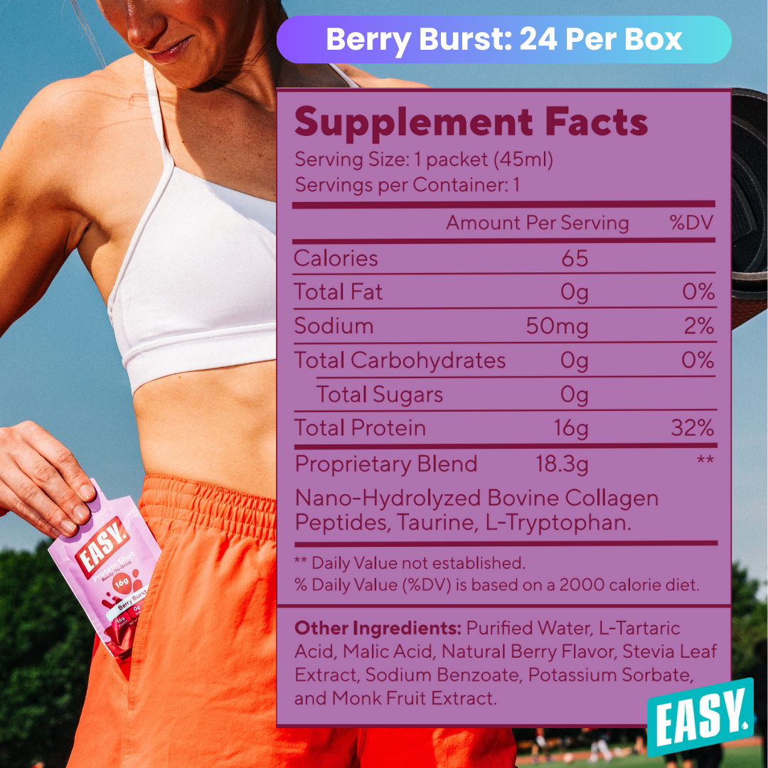 Woman holding a supplement packet with nutritional facts displayed.