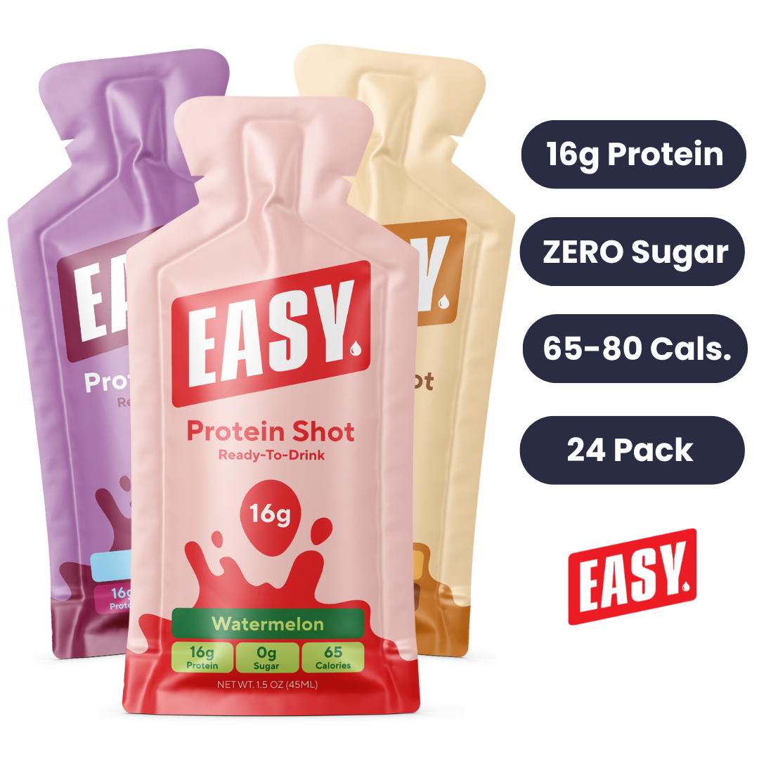 Three EASY protein shot pouches with nutritional information next to them.