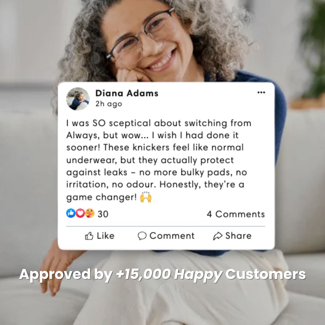 Woman smiling with a Facebook review about effective, leak-protecting underwear.