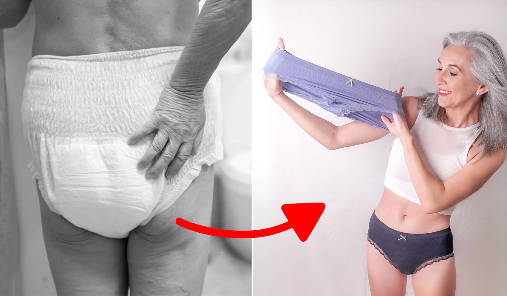 Woman holding underwear, transitioning from adult diaper with arrow indicating change.