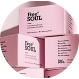 Stacked pink boxes with 'Free Soul' text.