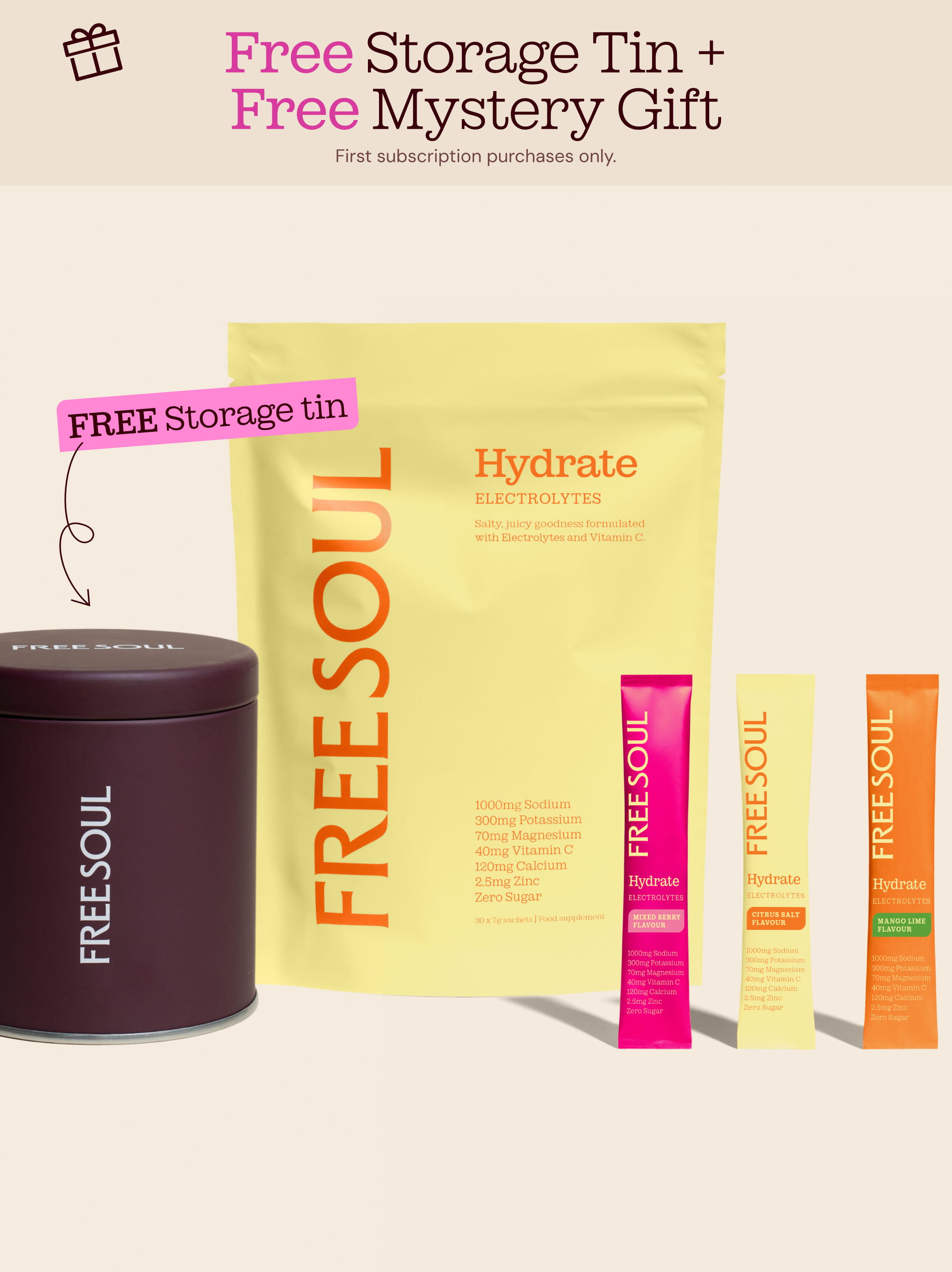 Freesoul Hydrate Electrolytes pouch, single-serving sachets, and a branded storage tin on a plain background.