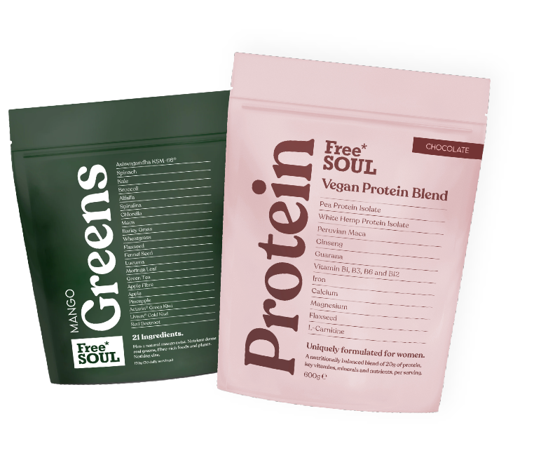 Two pouches of Free Soul supplements: Mango Greens and Chocolate Vegan Protein Blend.