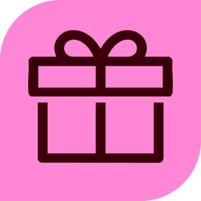 A maroon icon of a gift box with a bow on a pink background.