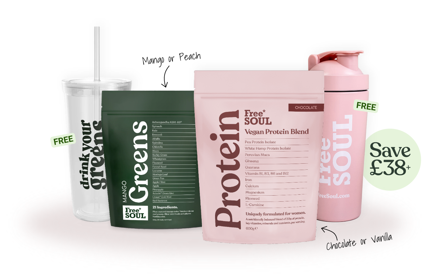 Product display of Free Soul vegan protein and greens with shaker and tumbler.