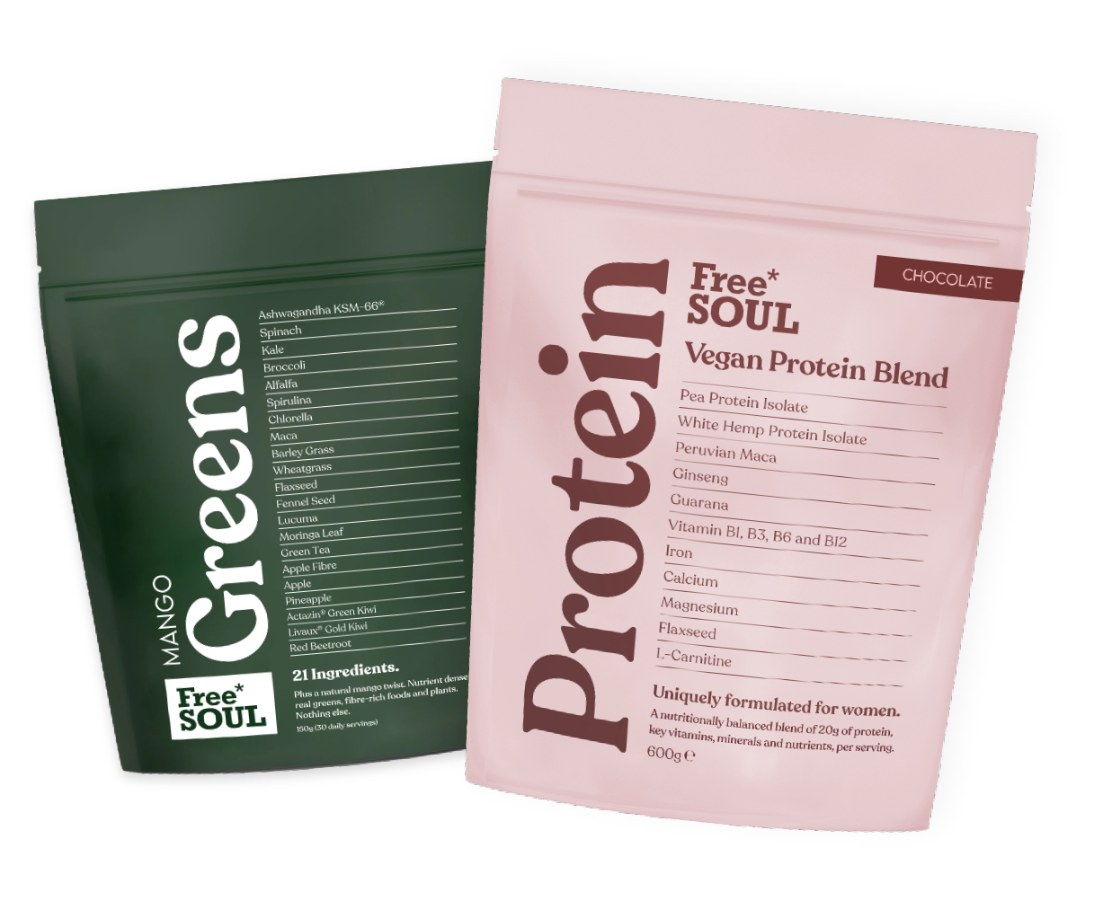 Two bags of Free Soul supplements, one green for greens and one pink for vegan protein blend.