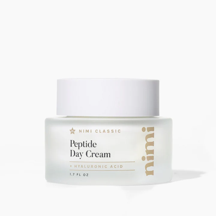 A frosted jar of Nimi Classic Peptide Day Cream with Hyaluronic Acid on a white background.