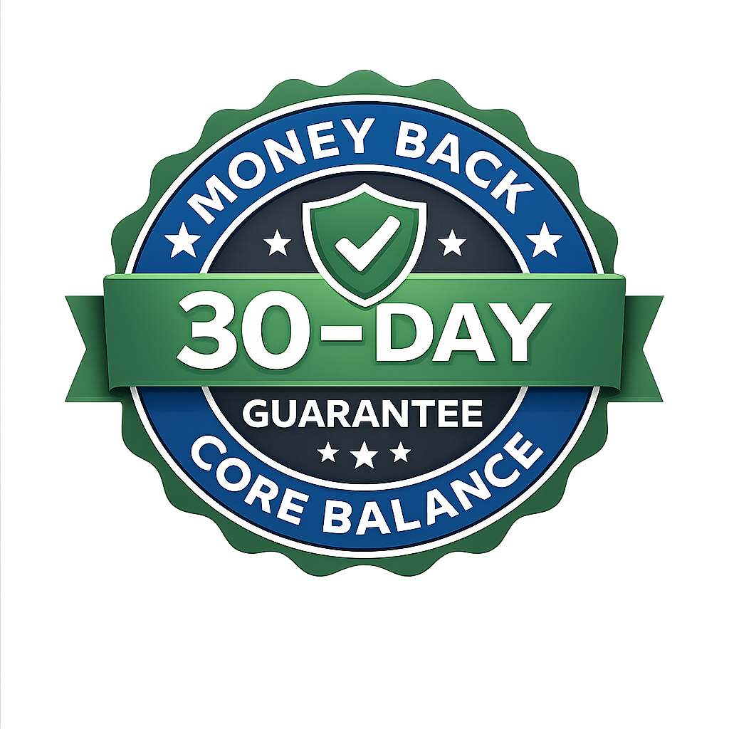 A blue and green seal for the Core Balance 30-day money-back guarantee.
