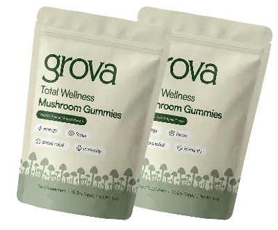 Two pouches of grova Total Wellness Mushroom Gummies against a solid green background.