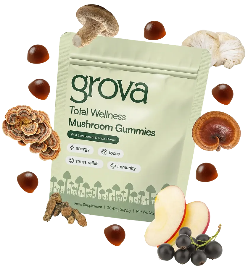 A pouch of Grova Mushroom Gummies surrounded by mushrooms, fruit, ginger, and individual gummies on a green background.