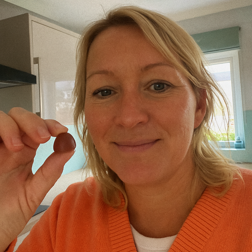 Woman holding a Grova gummy, ready to take her daily dose for energy and focus.