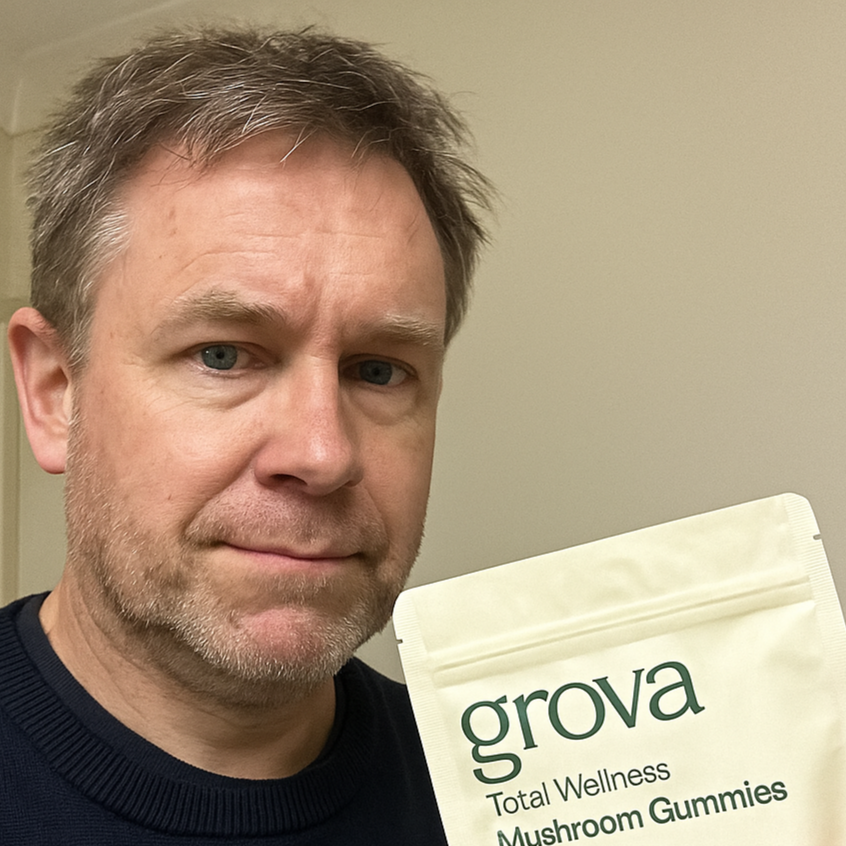 Man holding a pouch of Grova Mushroom Gummies, supporting the product with a thoughtful expression.
