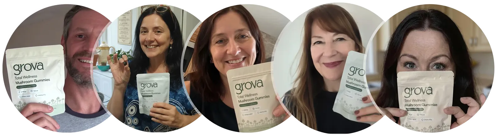 A collage of five smiling people holding up pouches of Grova Total Wellness Mushroom Gummies.