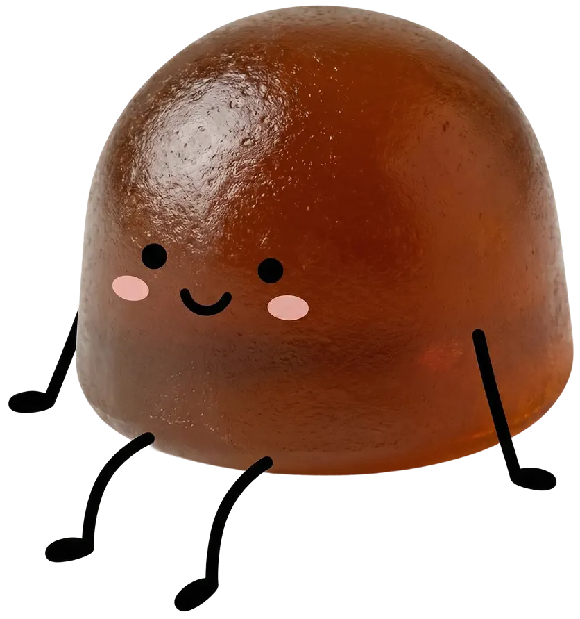 A cartoon illustration of a brown, dome-shaped piece of candy with a smiling face, arms, and legs.