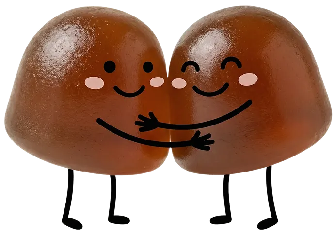 An illustration of two brown, dome-shaped cartoon characters with stick legs and arms hugging each other.