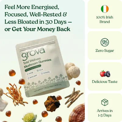 A promotional image for Grova Total Wellness Mushroom Gummies, showing the pouch, gummies, and various mushroom ingredients.