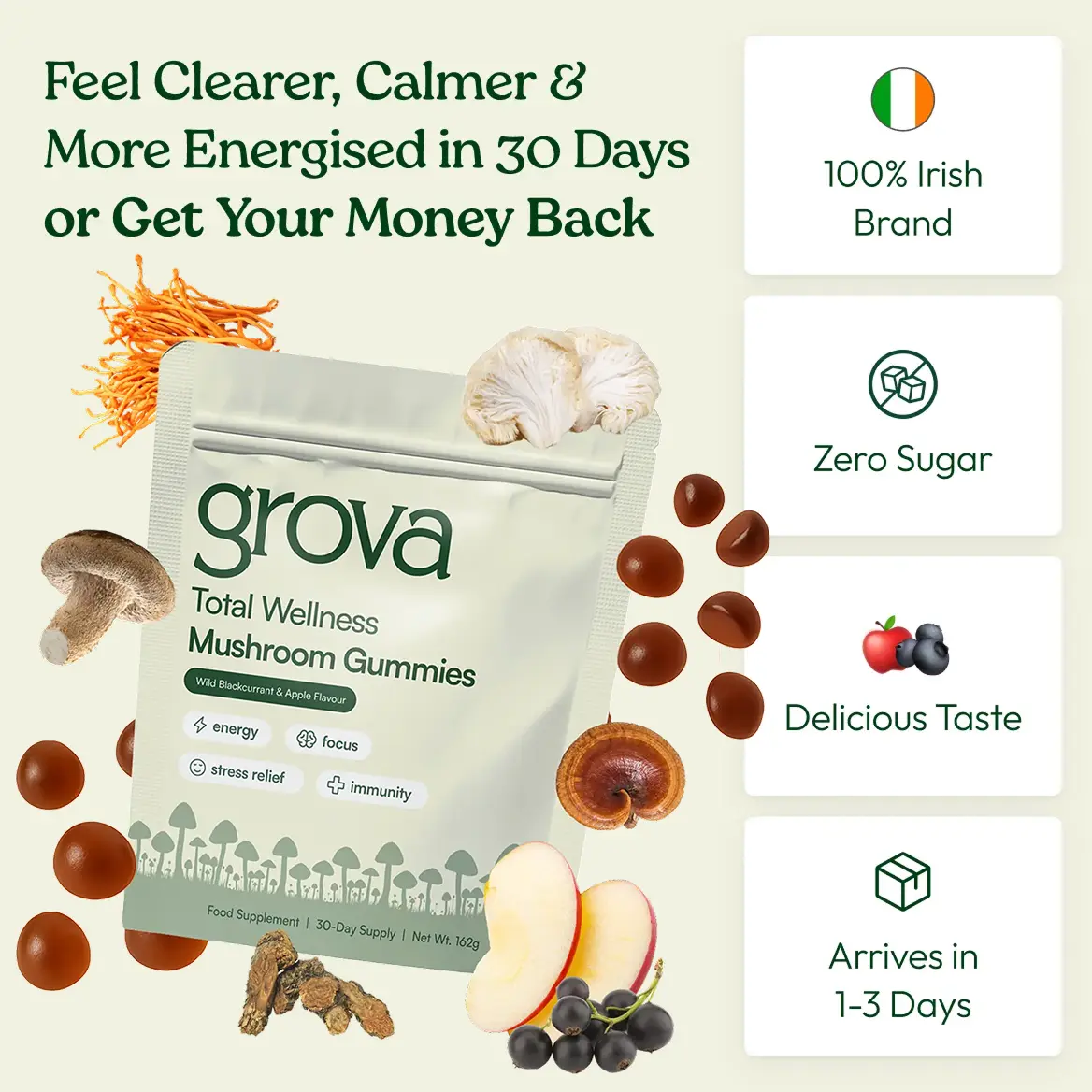 Packaging of Grova mushroom gummies with ingredients and benefits listed.
