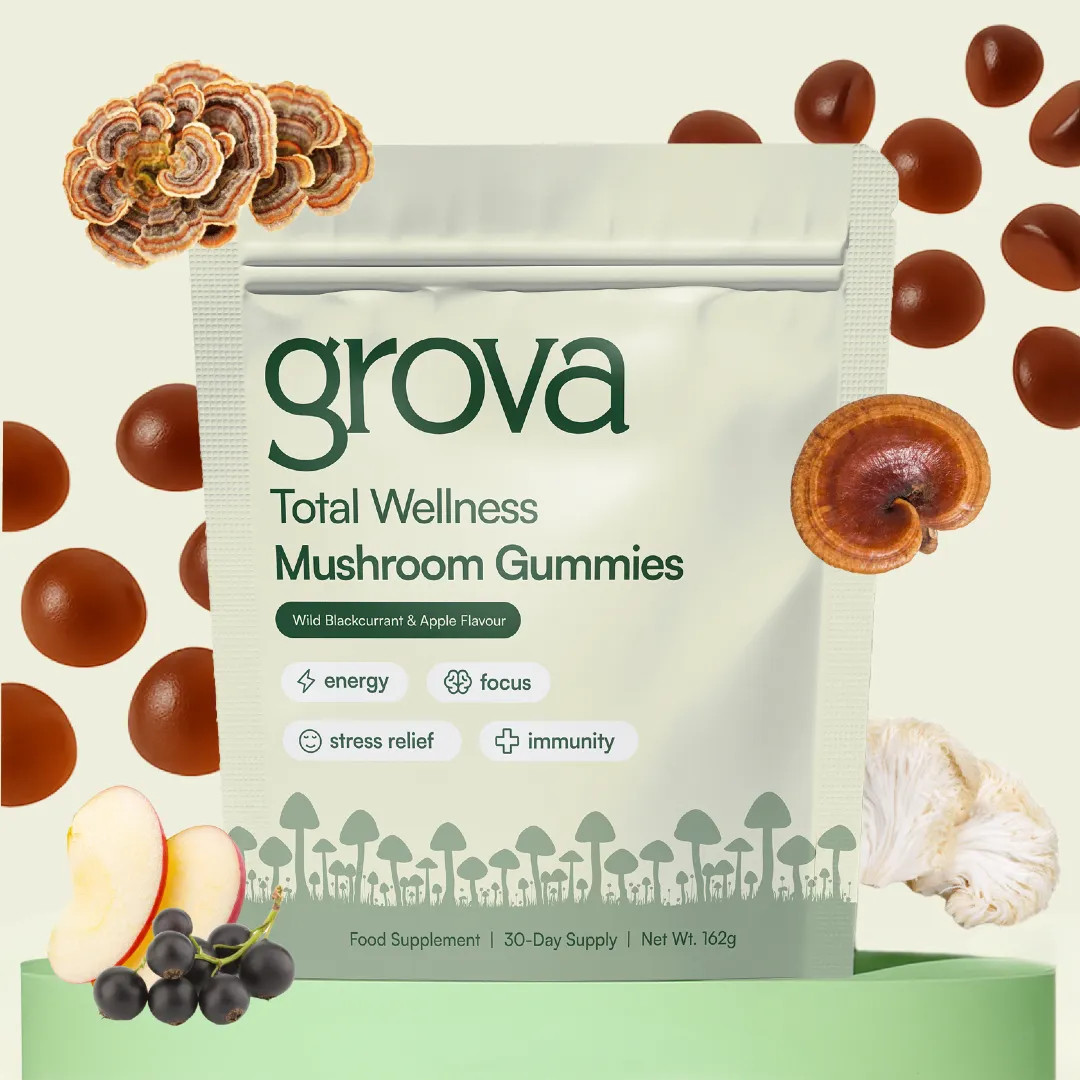 Package of mushroom gummies with mushrooms, apple, and blackcurrants around it.