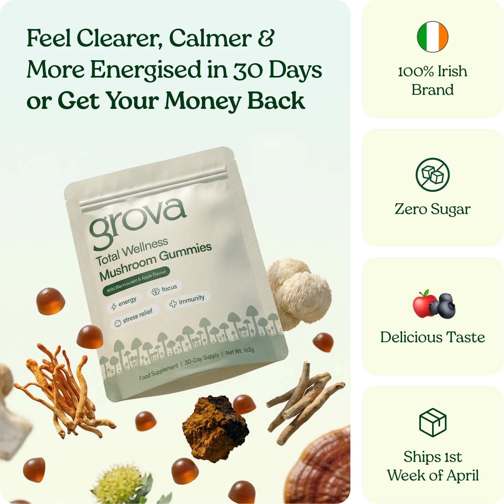 A pouch of grova Total Wellness Mushroom Gummies surrounded by various mushrooms and benefit icons.