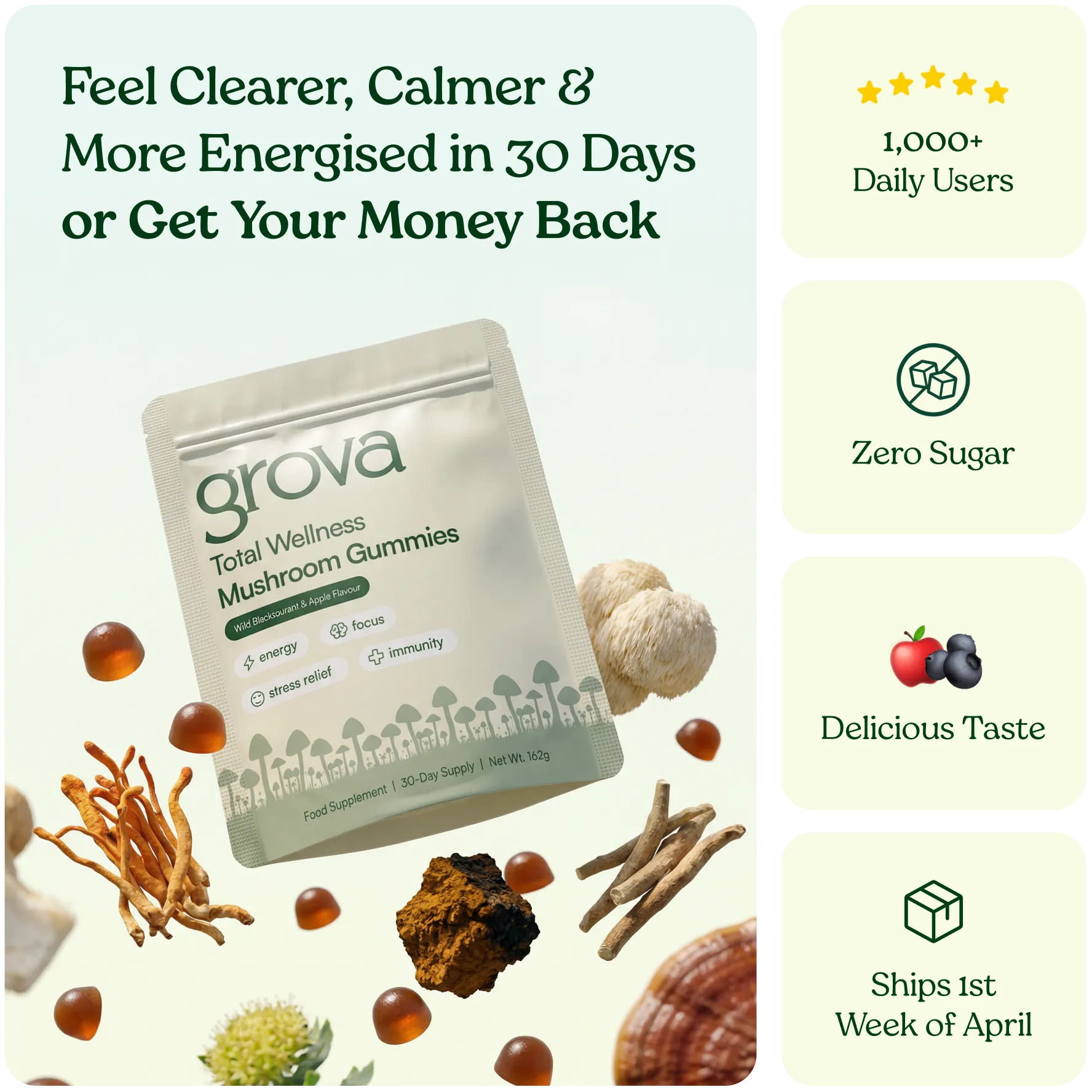 A promotional image for Grova Mushroom Gummies showing the packaging, gummies, and various mushroom ingredients.
